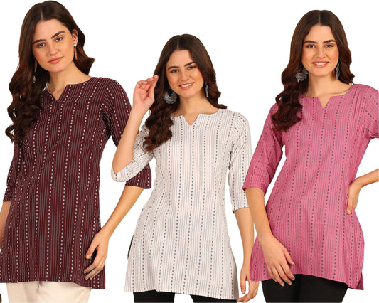 Dsk Studio WomenS And GirlS Striped Short Kurti With Notch Neck 3/4 Sleeves Straight Hem Length | Short Kurti For Women Latest