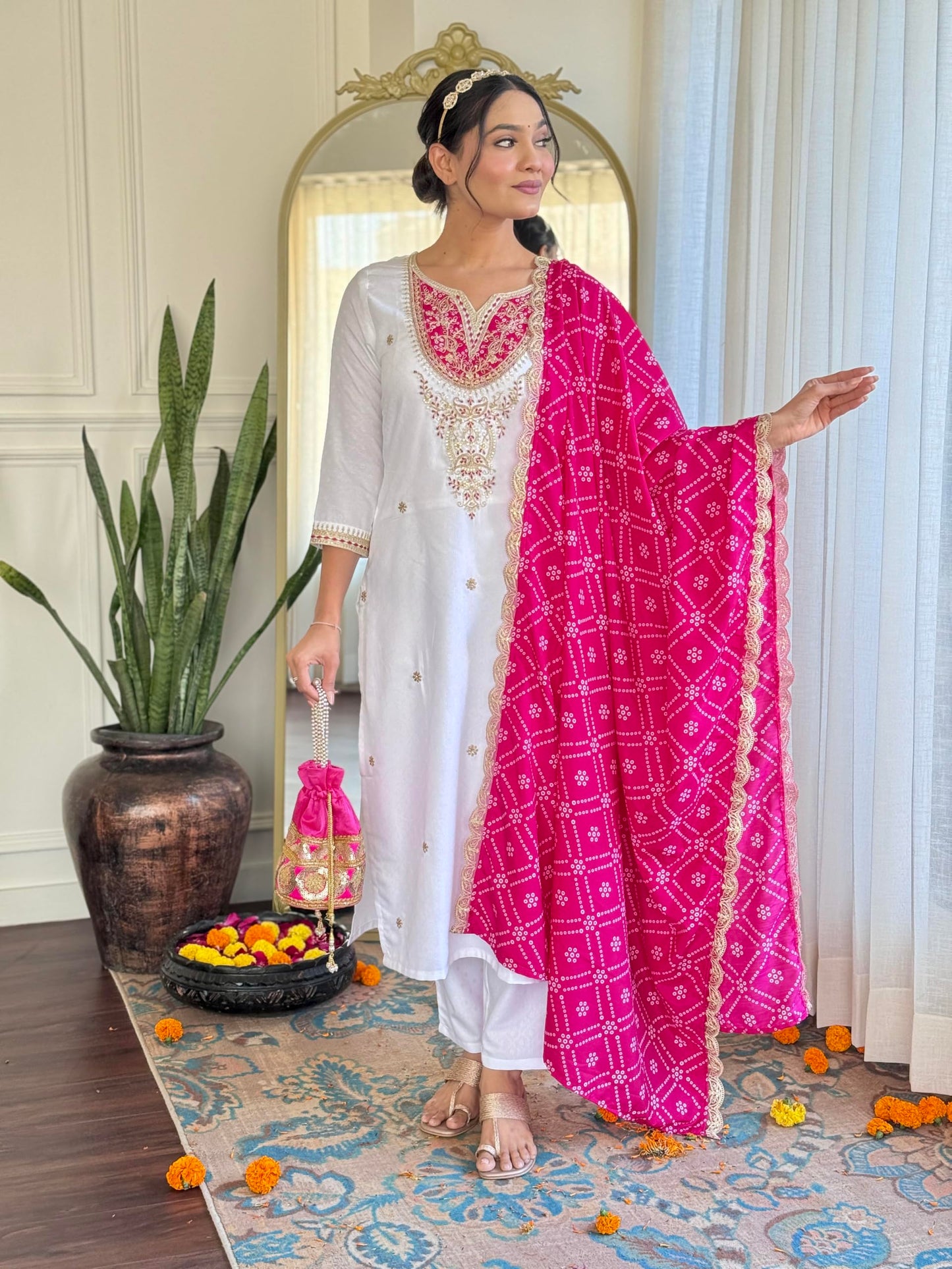 Naixa WomenS White Bsy Viscose Embroidered Straight Kurta With Bsy Viscose Pant And Silk Blend Embroidered Laced Dupatta Sets (