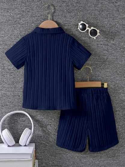 AVANOVA Boys Navy Blue 2-Piece Outfit Set  Short Sleeve Button Front Shirt with Matching Shorts, Summer Casual Clothing for Kids