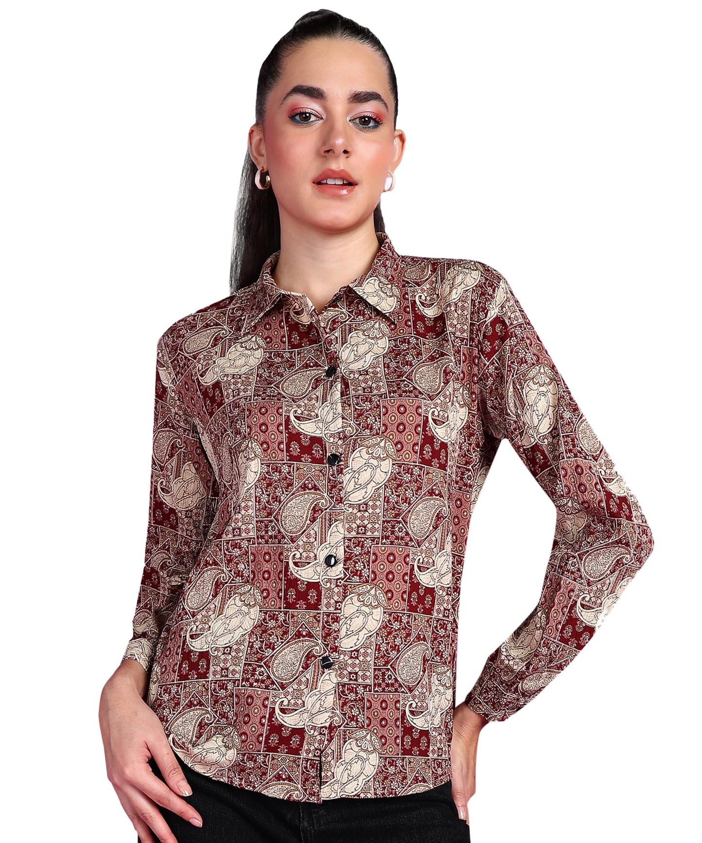 POPWINGS Printed Full-Sleeves Regular-Fit Polyester Printed Shirt for Women Stylish Western Casual Wear