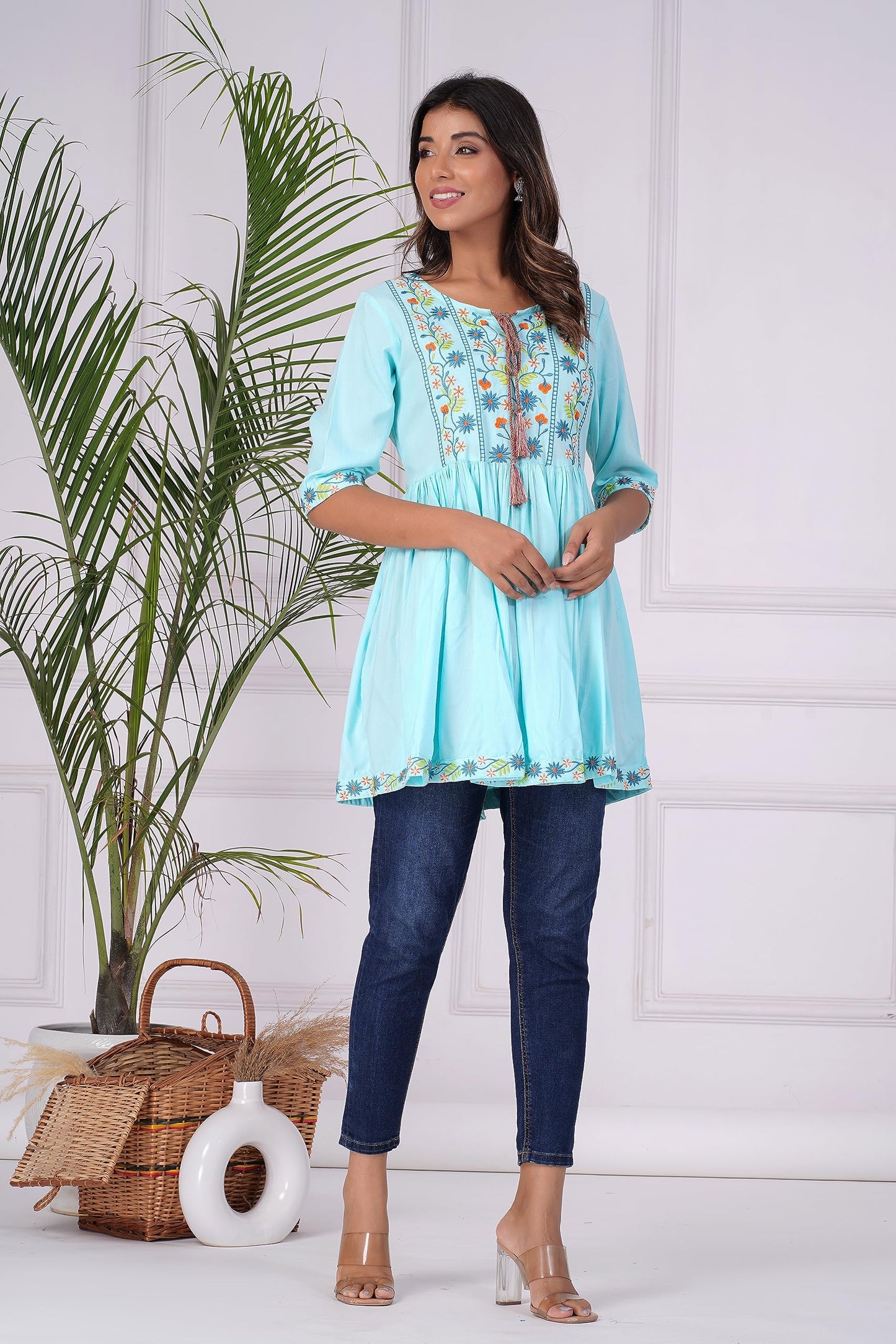 Digital Shopee Rayon Embroidery Short Flair Frock Regular Kurti | Kurta For Women Girls