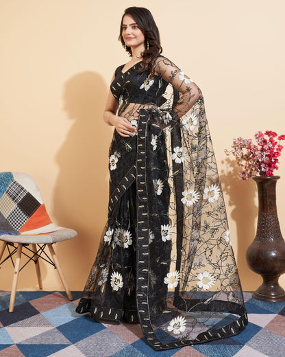 Vairagee WomenS Soft Net Flower Embroidered Border Work Saree And Unstitched Lilac Blouse Piece With Lace Work | Saree For Wedd