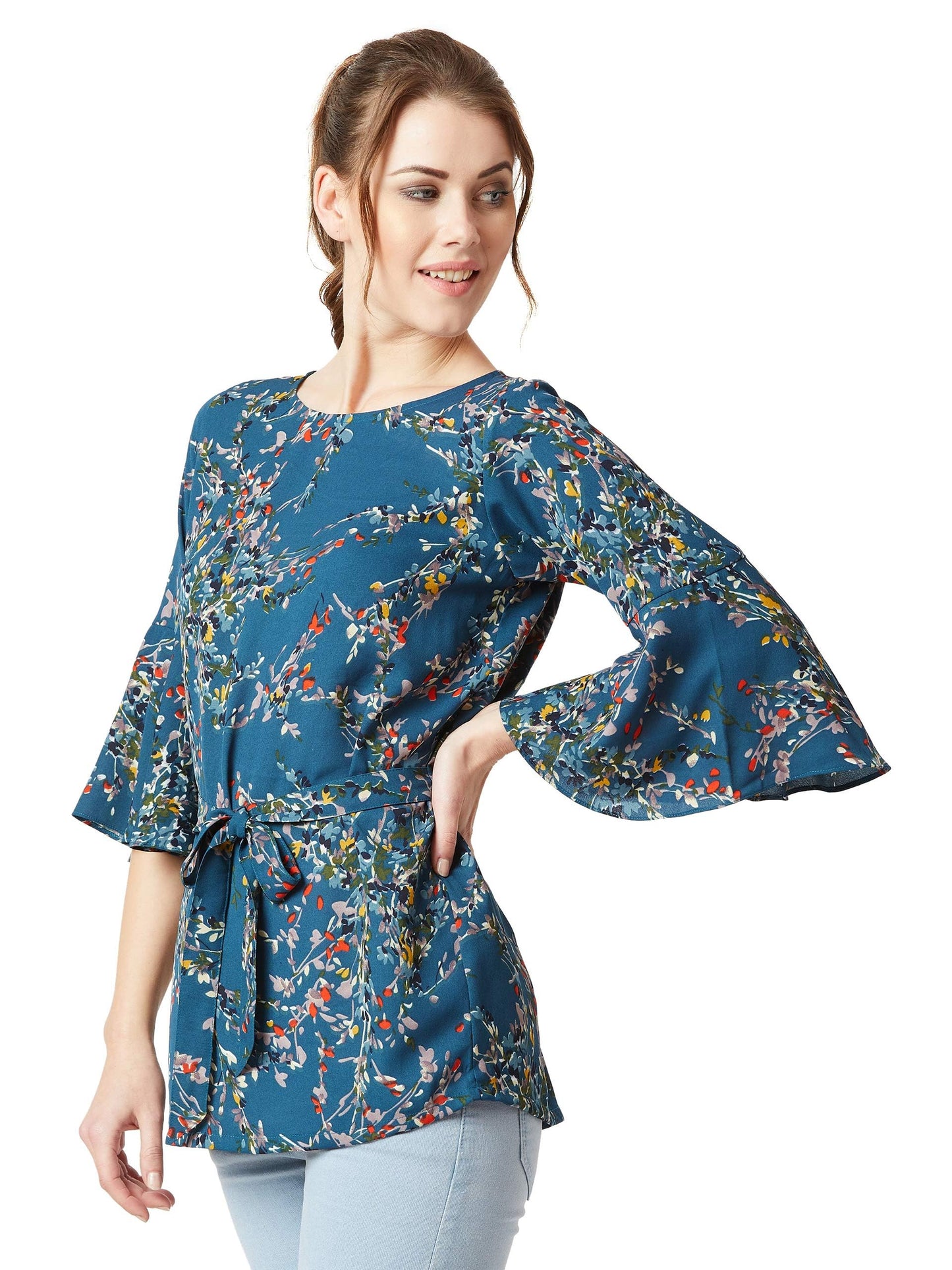 Miss Chase WomenS Floral Boat Neck 3/4 Ruffled Sleeve Tie-Up Top (Plus Size) (Mcss19Tp12-23-176-07, Multicolored Base Turquoise