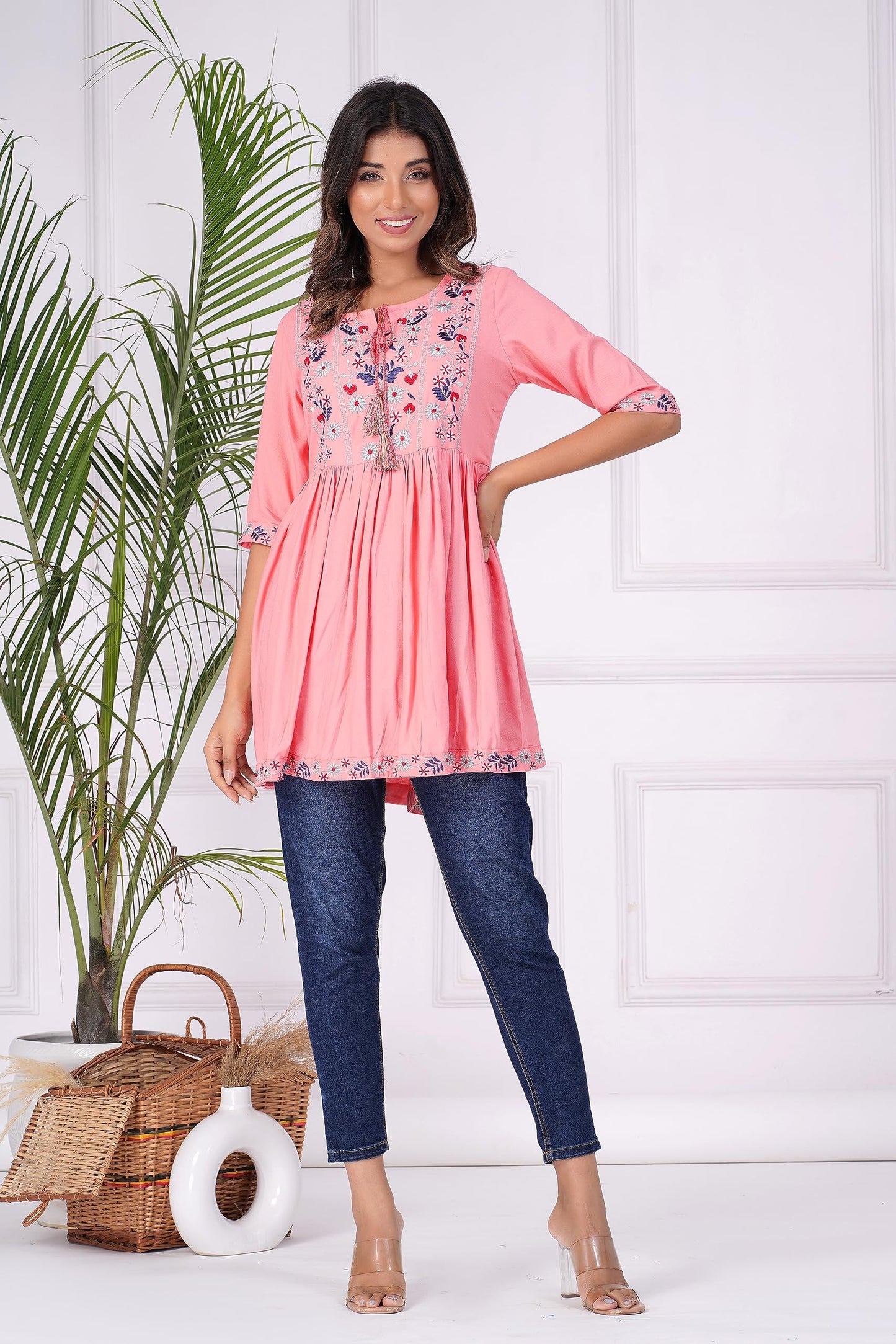 Digital Shopee Rayon Embroidery Short Flair Frock Regular Kurti | Kurta For Women Girls