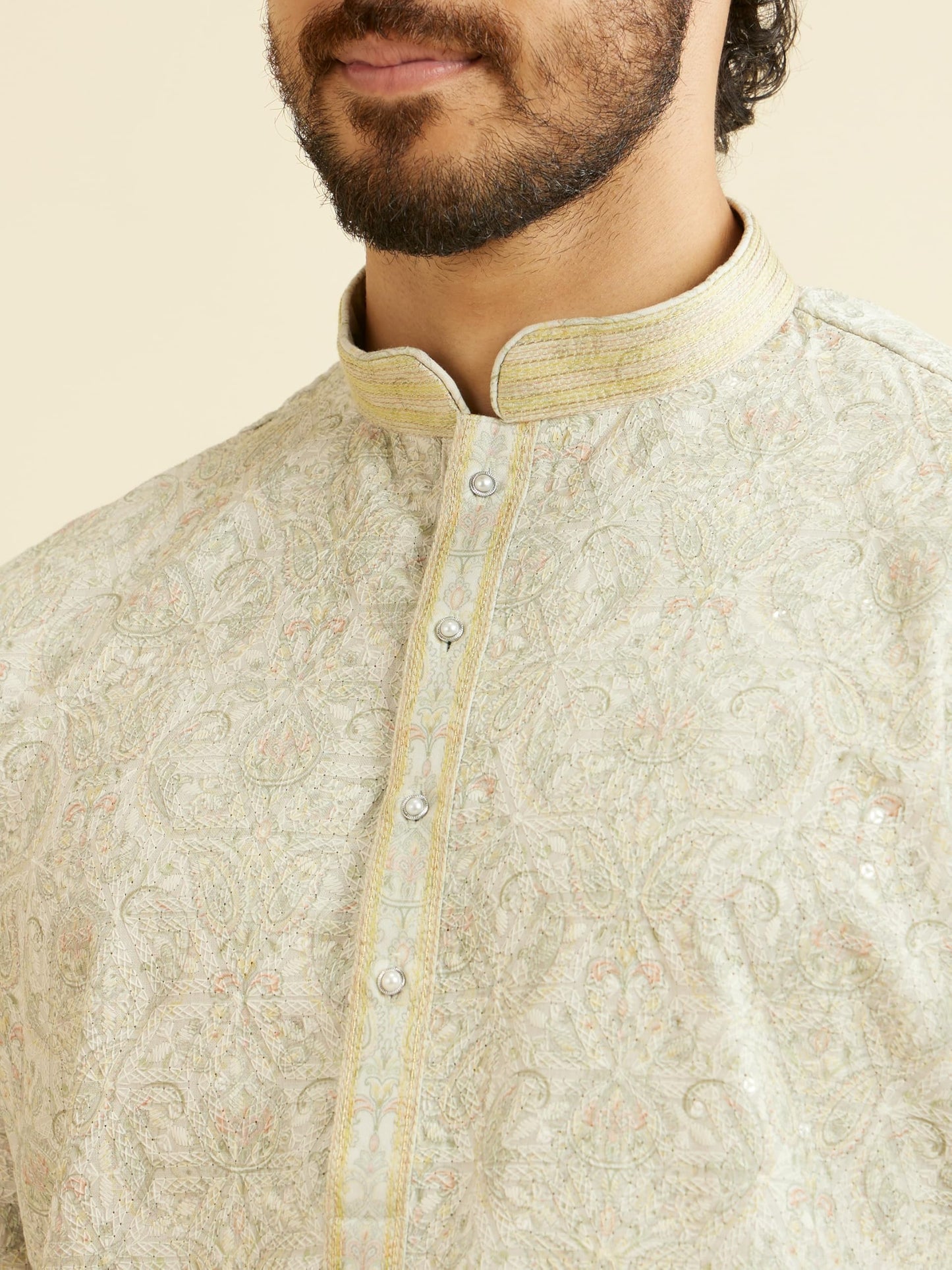 Manyavar MenS Cotton Blend Chikankari Sequined Kurta Pyjama Set (Green,M)