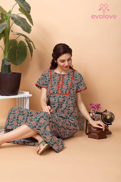 Evolove WomenS Cotton Long Maxi Night Gown Nighty Dress With Pocket & Stylish Button, Super Soft Comfortable (Bottle Green, Lng