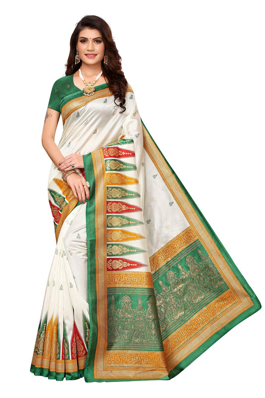ANNI DESIGNER Art Silk with Blouse Piece Saree (PAROMA-Green&White_1 Free Size)