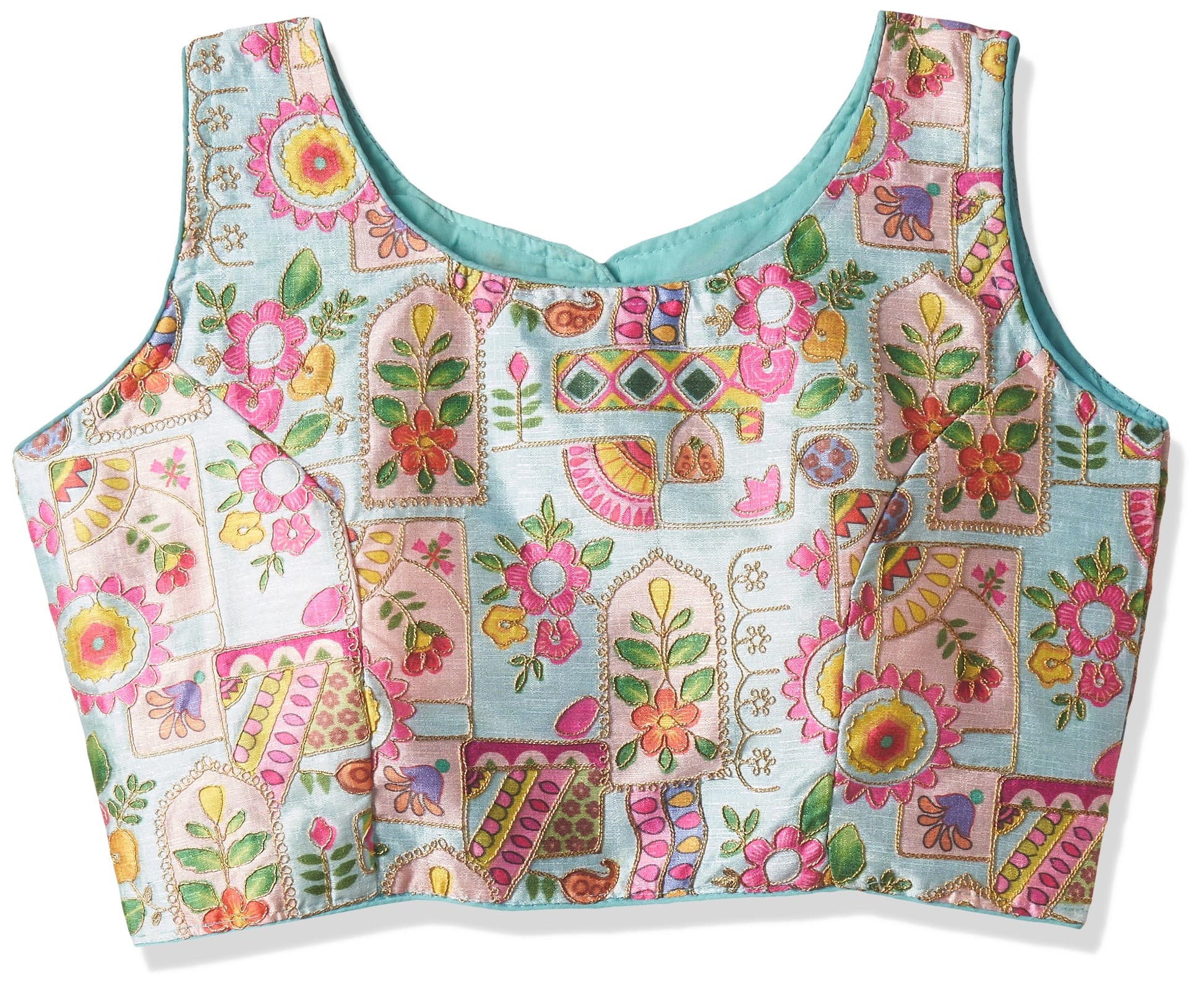 Vihu Fashion Womens Multicolor Phantom Silk deep Back Neck Digital Print Readymadev Sleeveless Saree Blouse