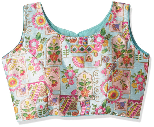 Vihu Fashion Womens Multicolor Phantom Silk deep Back Neck Digital Print Readymadev Sleeveless Saree Blouse