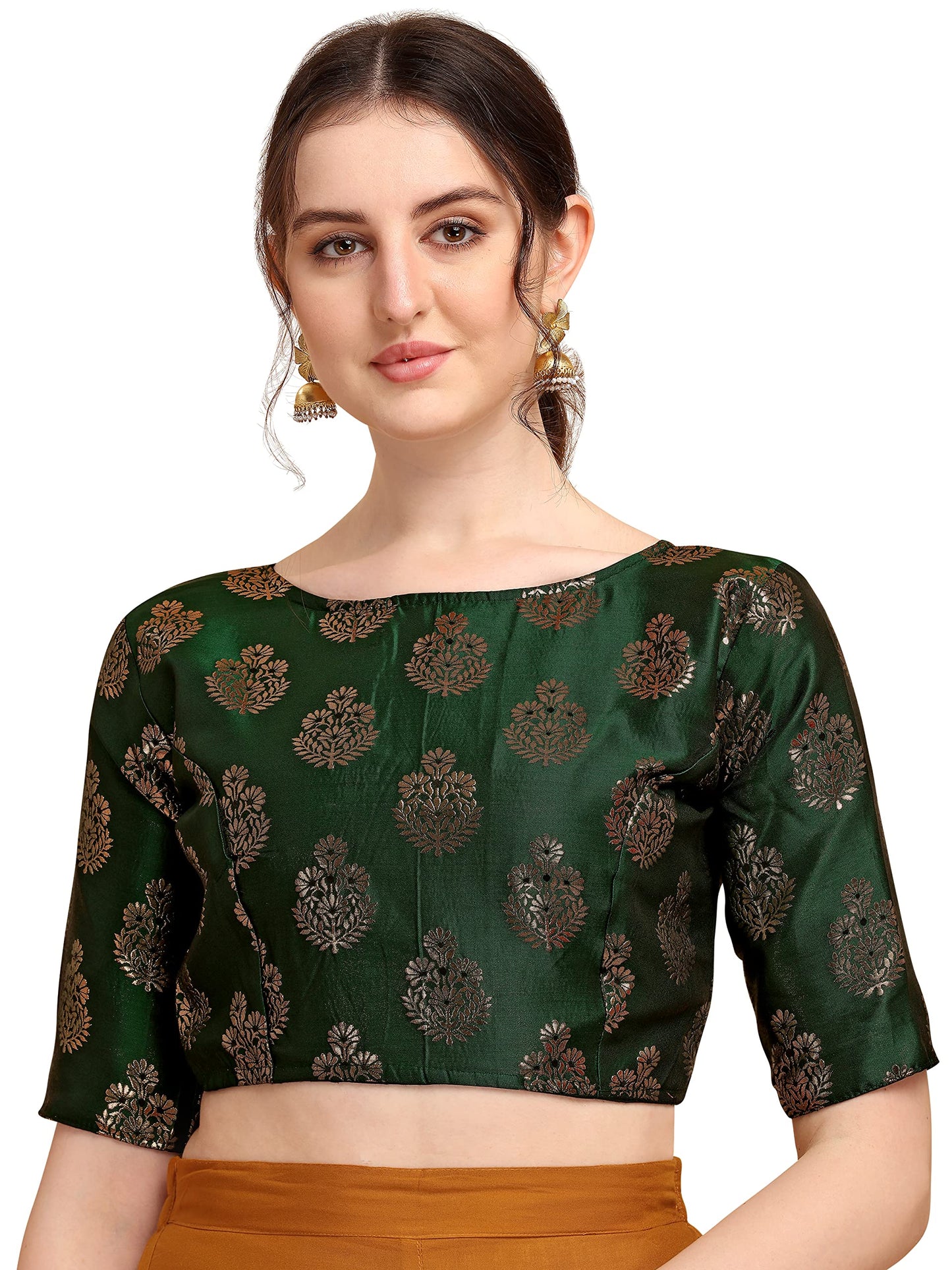 Oomph! WomenS Indian Ethnic Wear Designer Floral Pattern Zari Work Boat Neck Half Sleeve Readymade Non - Padded Blouse For Sare
