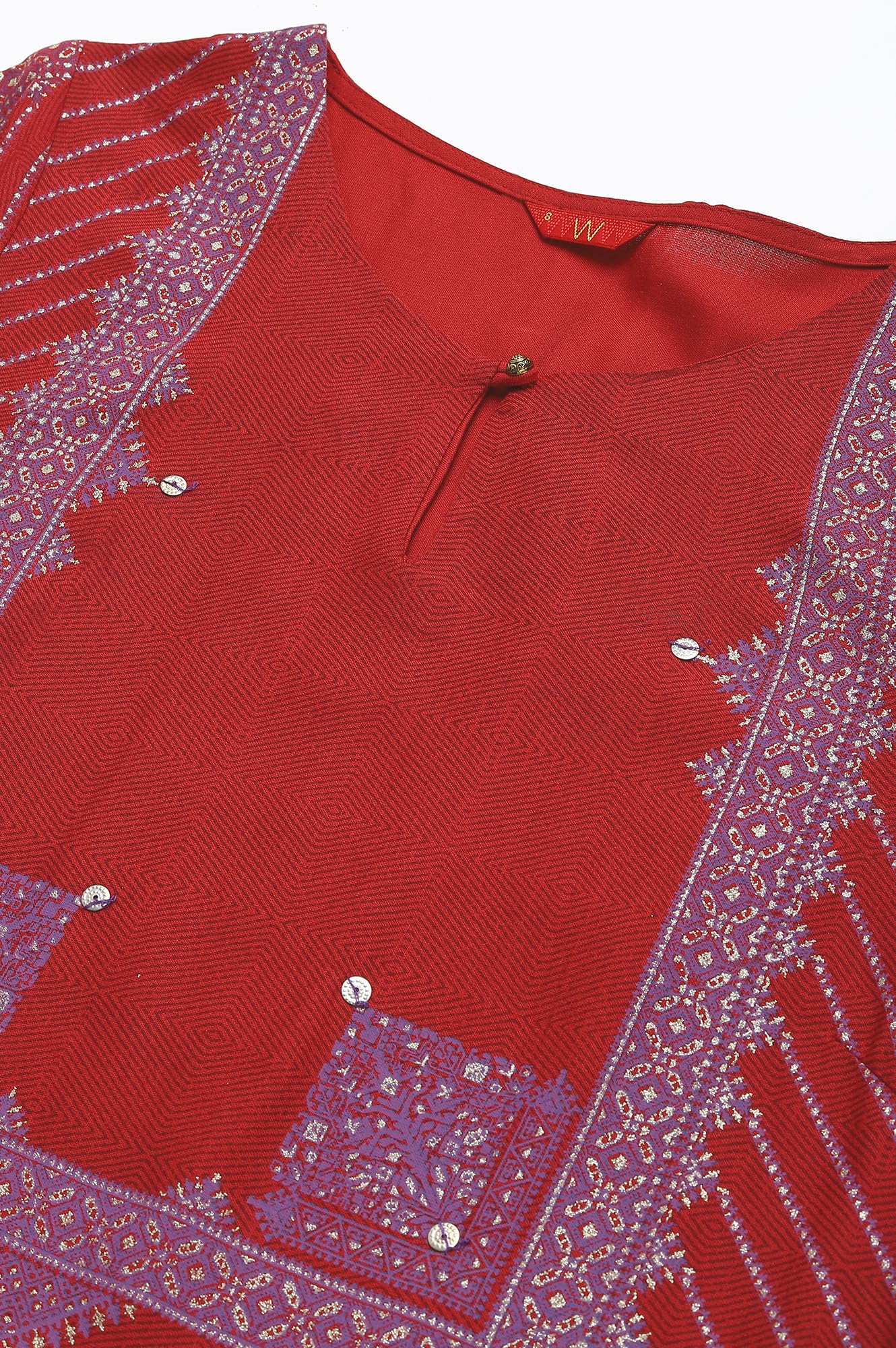 W For Woman Red Geometric Printed Regular Kurta with Gold Glitter Sequins