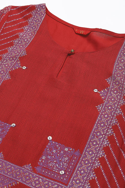 W For Woman Red Geometric Printed Regular Kurta with Gold Glitter Sequins