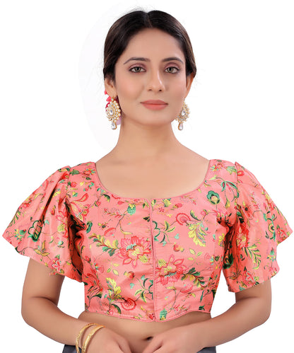 Pujia Mills WomenS Multicolor Butterfly Floral Print Pattern Ruffle Sleeve Readymade Saree Blouse