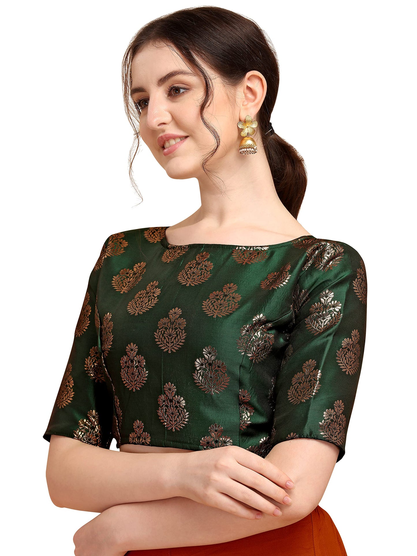 Oomph! WomenS Indian Ethnic Wear Designer Floral Pattern Zari Work Boat Neck Half Sleeve Readymade Non - Padded Blouse For Sare