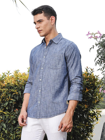 Thomas Scott Mens | Solid | Premium Linen Blend | Spread Collar | Summer Wear | Long Sleeve | Shirts for Men Blue