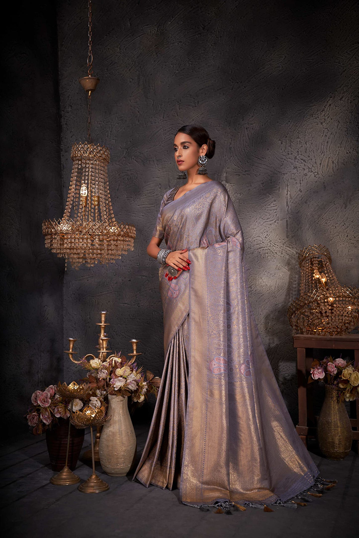 Vardha Women’s Kanchipuram Art Silk Saree with Unstitched Blouse – Zari Woven Wedding Saree