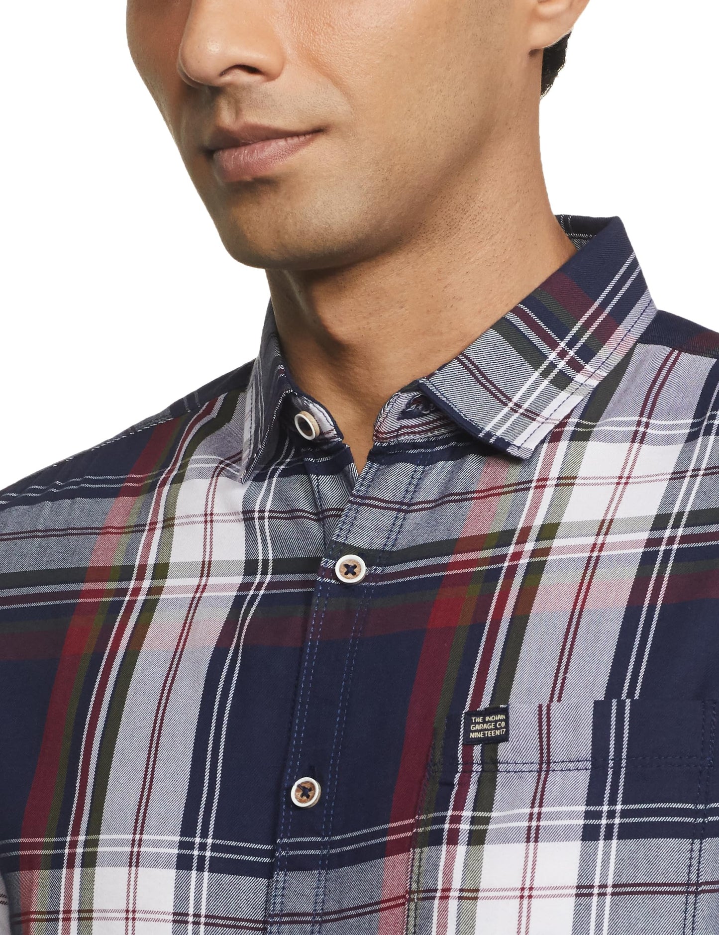 The Indian Garage Co Men Navy Checkered Slim Fit Cotton Casual Shirt