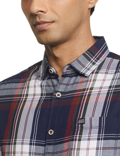The Indian Garage Co Men Navy Checkered Slim Fit Cotton Casual Shirt