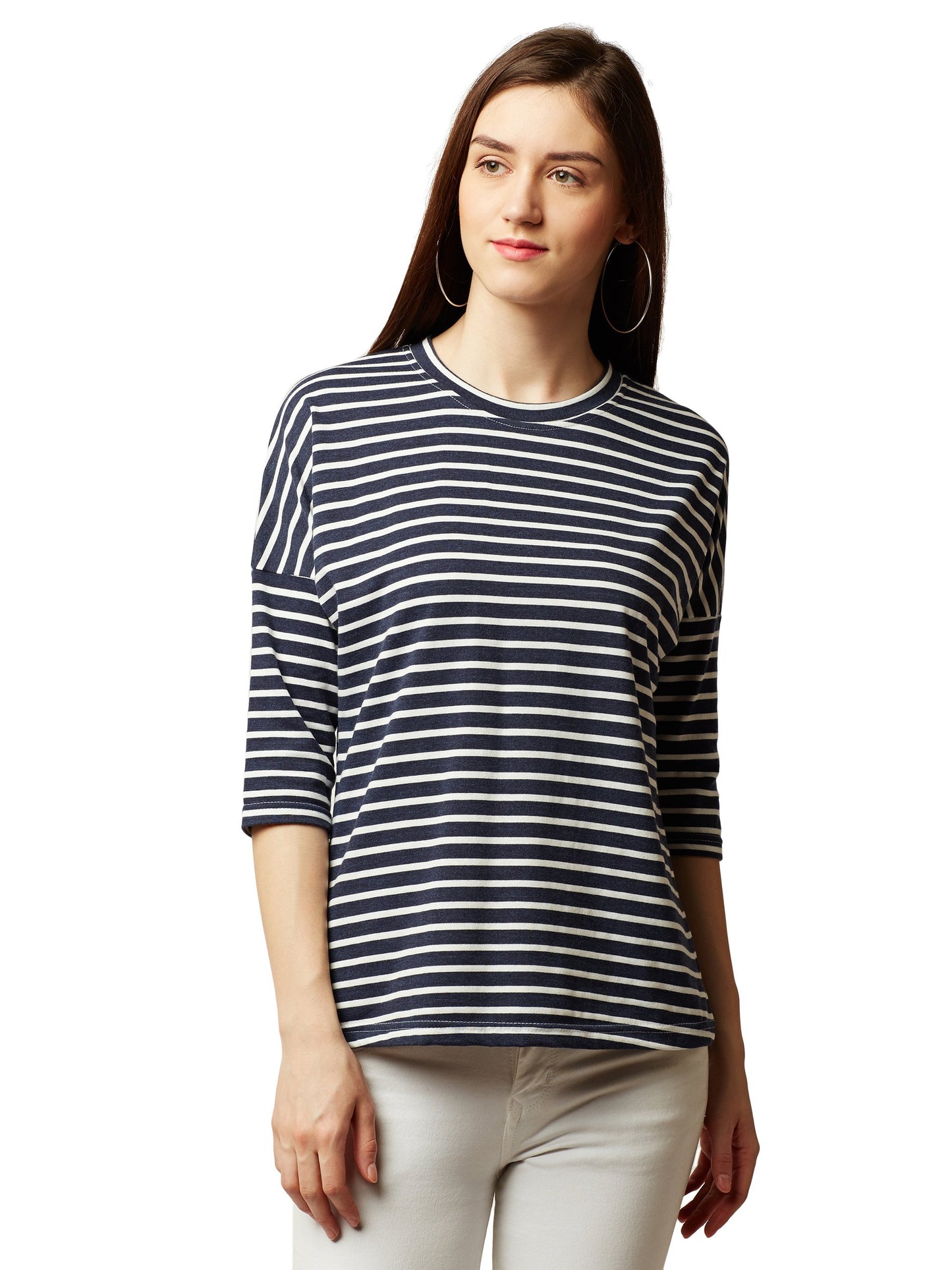 Miss Chase WomenS Navy Blue And White Round Neck 3/4 Sleeve Striped Paneled Top (Mcaw14Tp01-69-154-03-Multicolor-S)