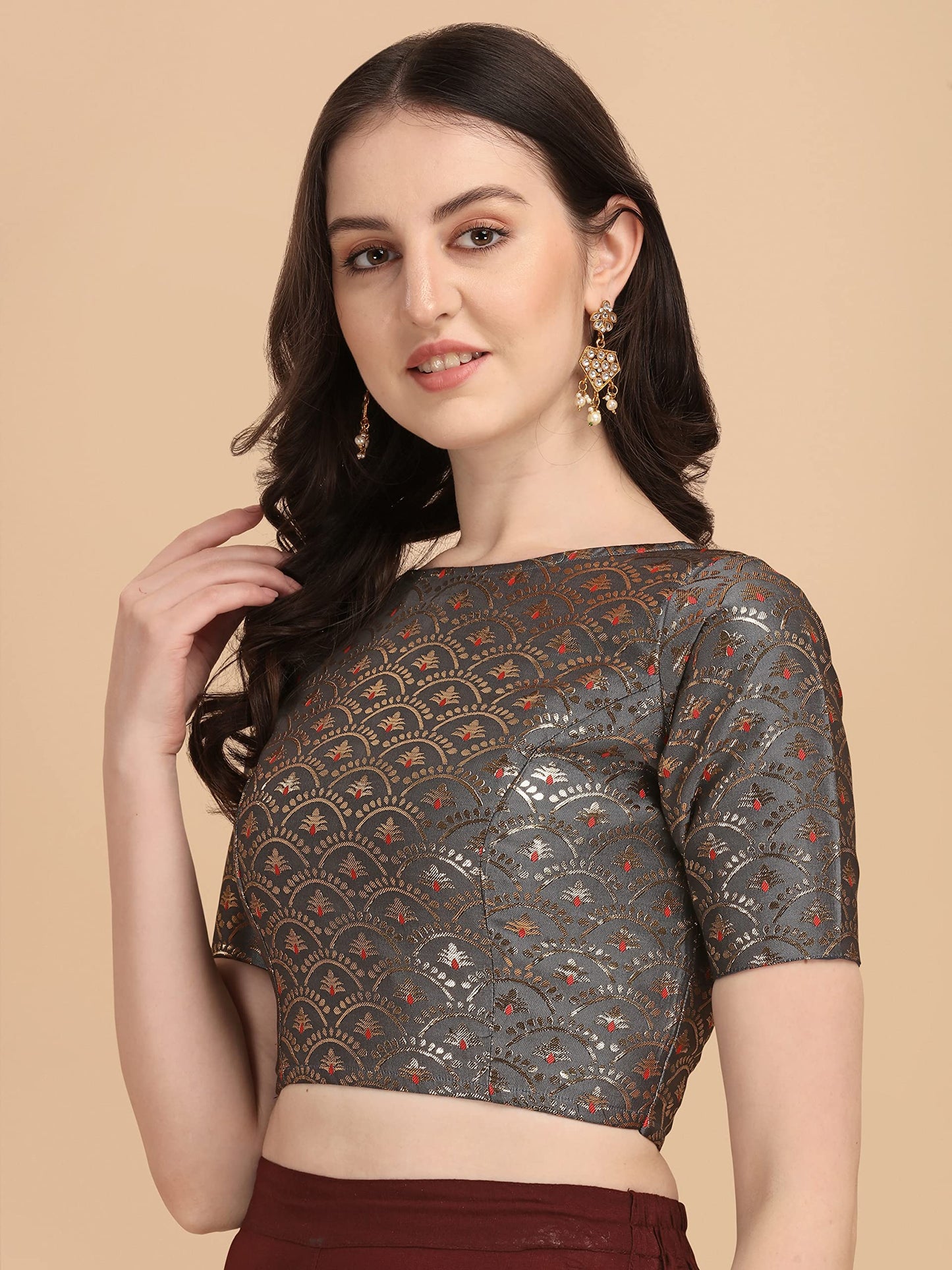 Oomph! WomenS Indian Ethnic Wear Designer Zari Work Boat Neck Half Sleeve Cloud Grey Color Blouse For Saree Or Lehnga And Palaz