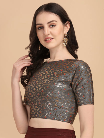 Oomph! WomenS Indian Ethnic Wear Designer Zari Work Boat Neck Half Sleeve Cloud Grey Color Blouse For Saree Or Lehnga And Palaz