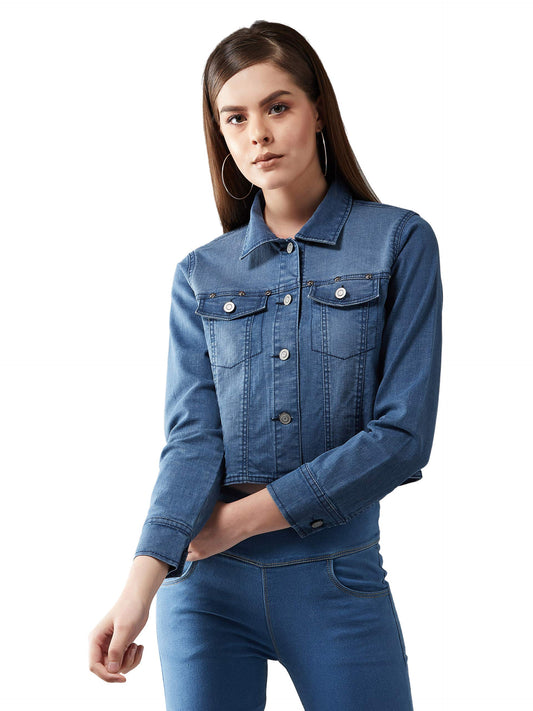 Dolce Crudo Womens Navy Blue Solid Polo Neck Full Sleeves Buttoned Denim Embellished Cropped Jacket( DOAW19DEN05-58-71-06_Blue_