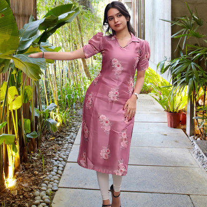 24 Carat Suit WomenS Chanderi Silk Straight Kurti With Short Puff Sleeves Floral Print Collar Neck Regular Fit And Calf Length