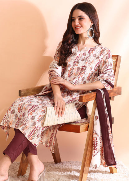Memore WomenS Poly Rayon Straight Kurta Pant With Notch Neck 3/4Th Sleeves Floral Printed Calf Length Regular Fit And Dupatta S