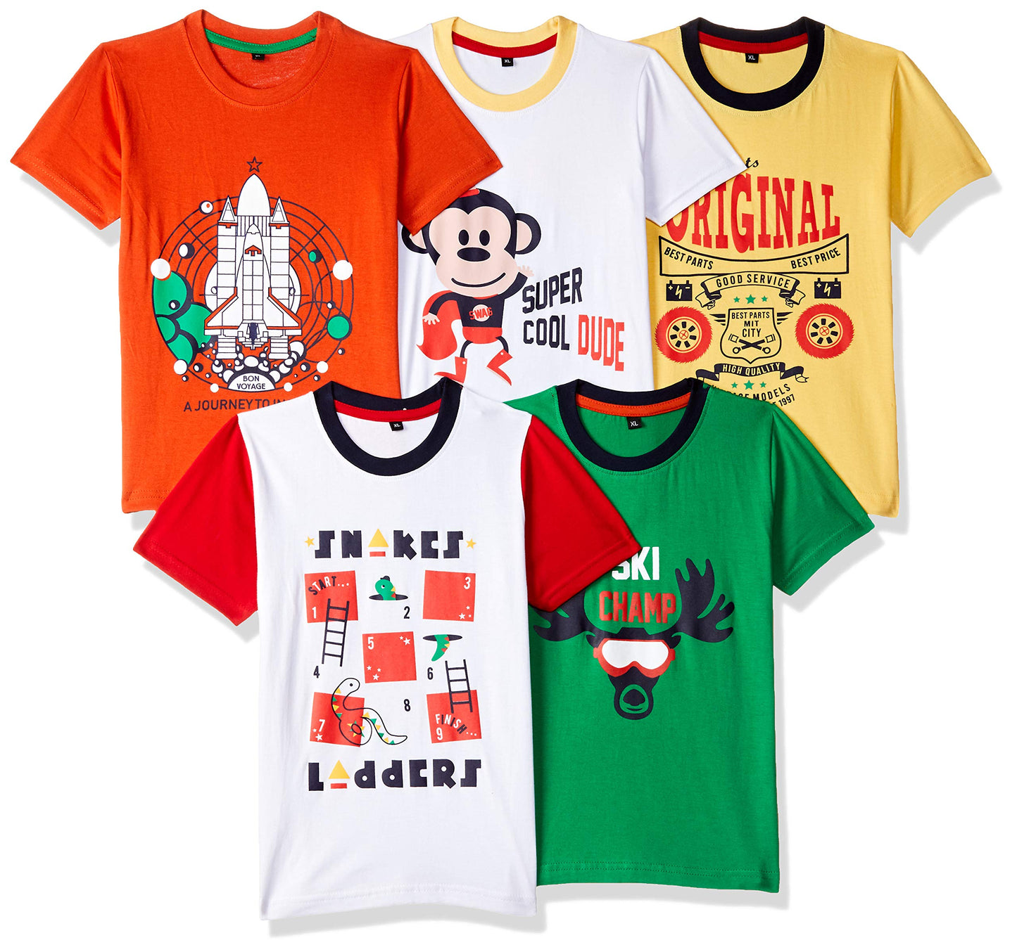 T2F Boys Cotton Printed Regular Fit T-Shirt (Pack of 5)