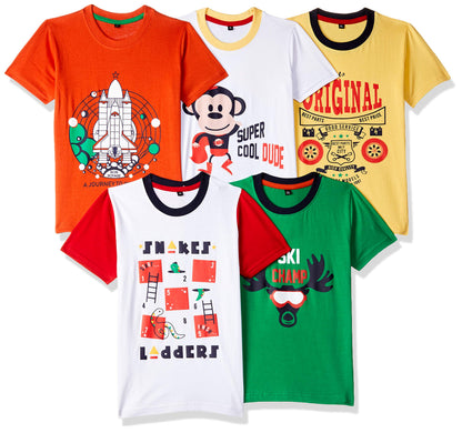 T2F Boys Cotton Printed Regular Fit T-Shirt (Pack of 5)