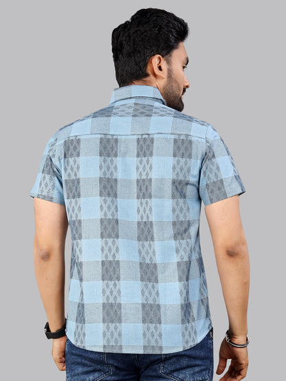 Mildin MenS Sky Navy Cotton Blend Half Sleeve Spread Collar Regular Fit Checkered Printed Formal Shirt (Sky Navy Zara Checks Ha