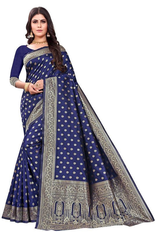 Shasmi Sarees Womens Art Silk Navy Blue Kanchipuram Saree (SAN PARI 124 N BLUE)
