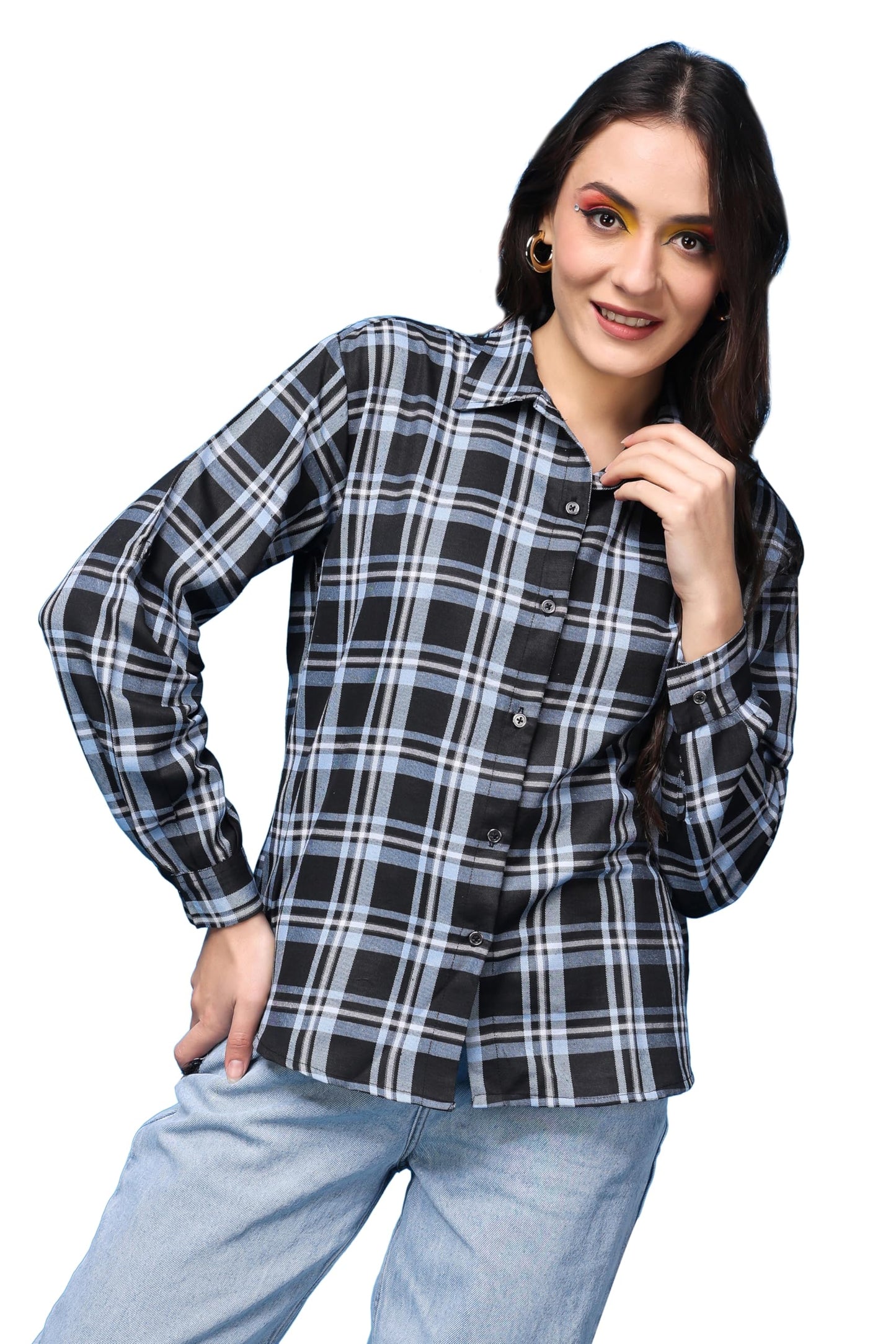 POPWINGS Casual Checks Print Shirt for Women | Cotton Full-Sleeves Women Shirt | Summer Shirt for Women | Stylish Shirt for Wome