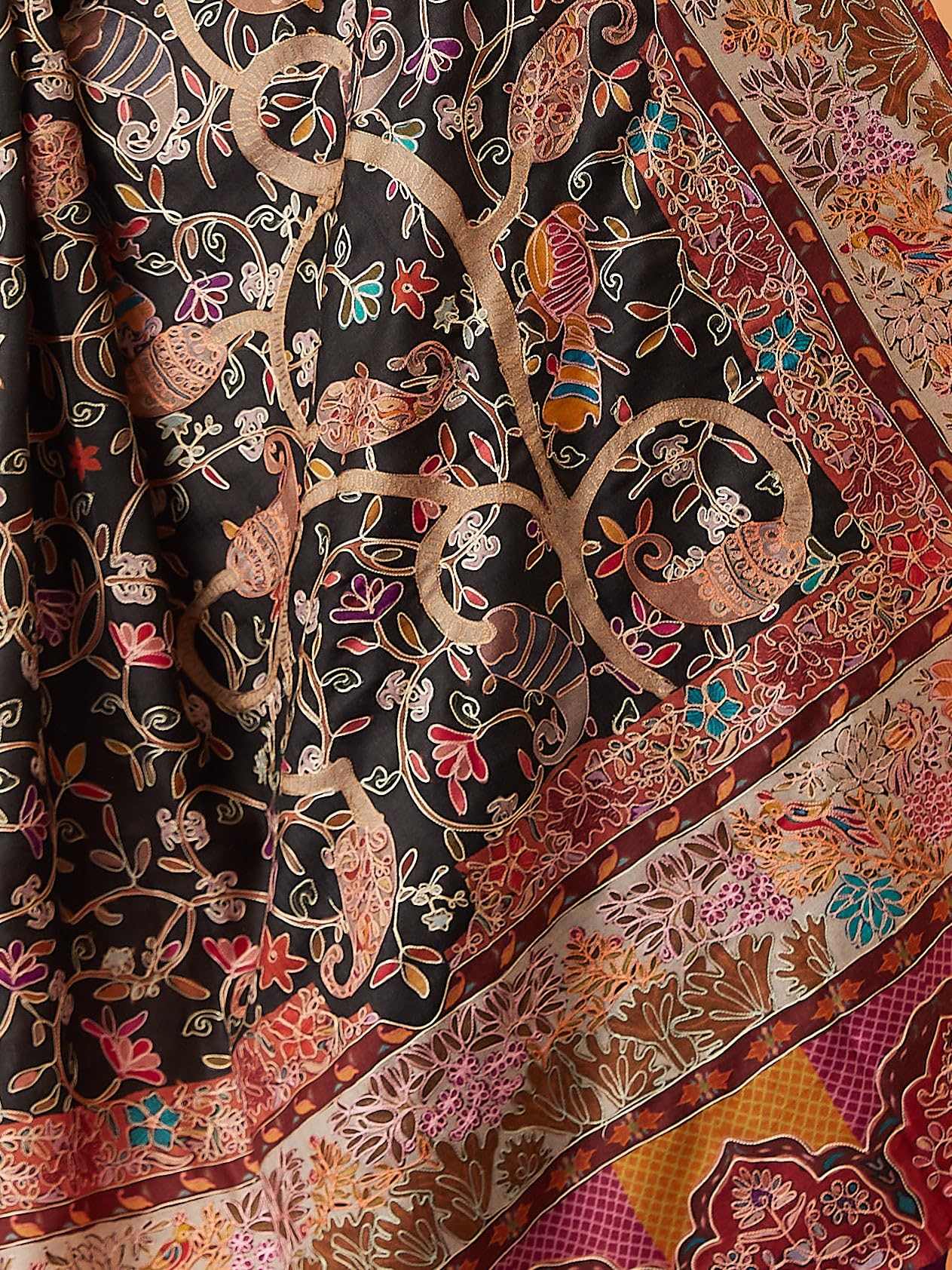 Pashmoda Women Bahaar Fine Wool Fabric Pashmina Kalamkari Embroidered Shawl, Stole and Wrap, Sustainable and Natural Fabric, Her