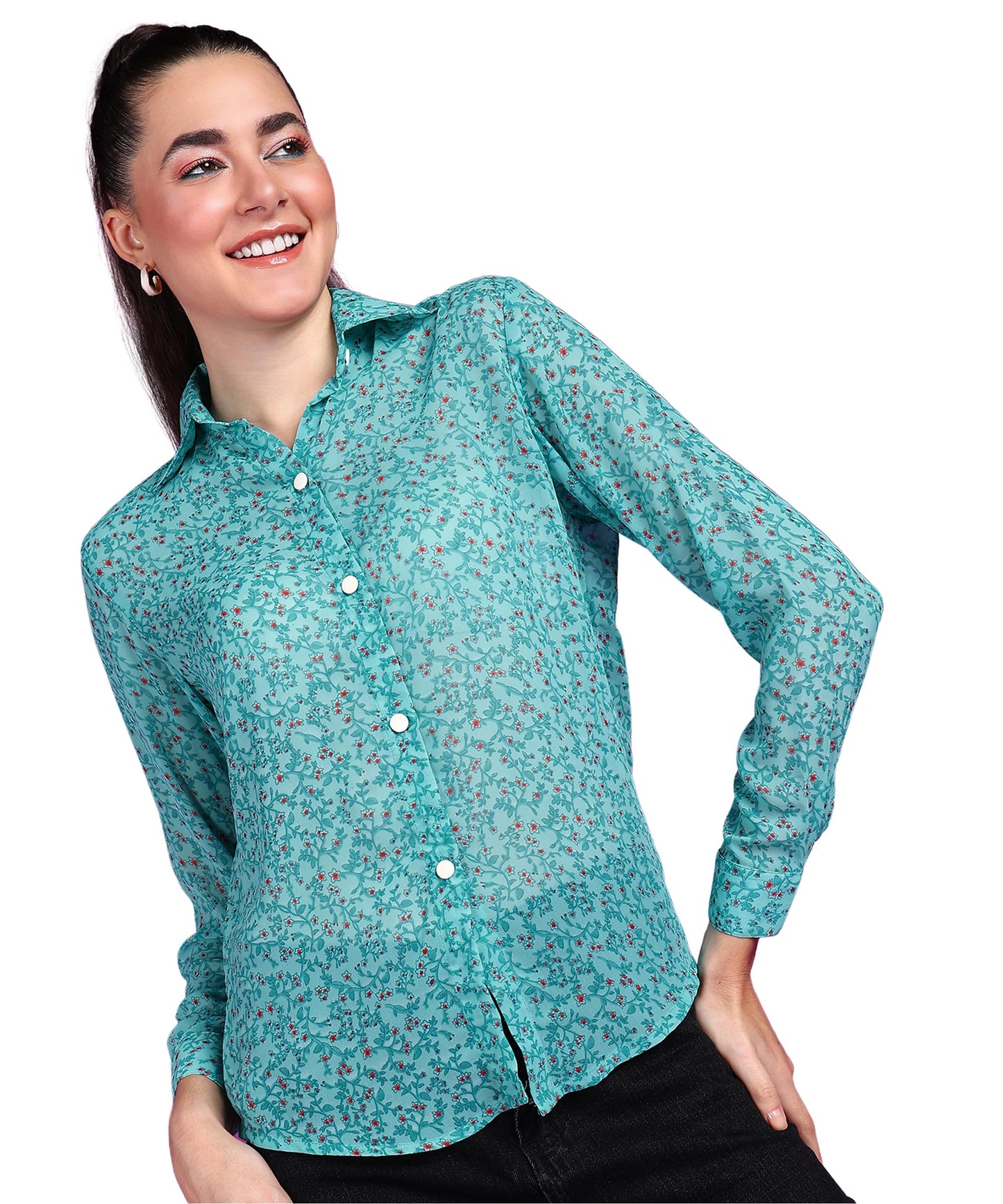 POPWINGS Printed Full-Sleeves Regular-Fit Polyester Printed Shirt for Women Stylish Western Casual Wear