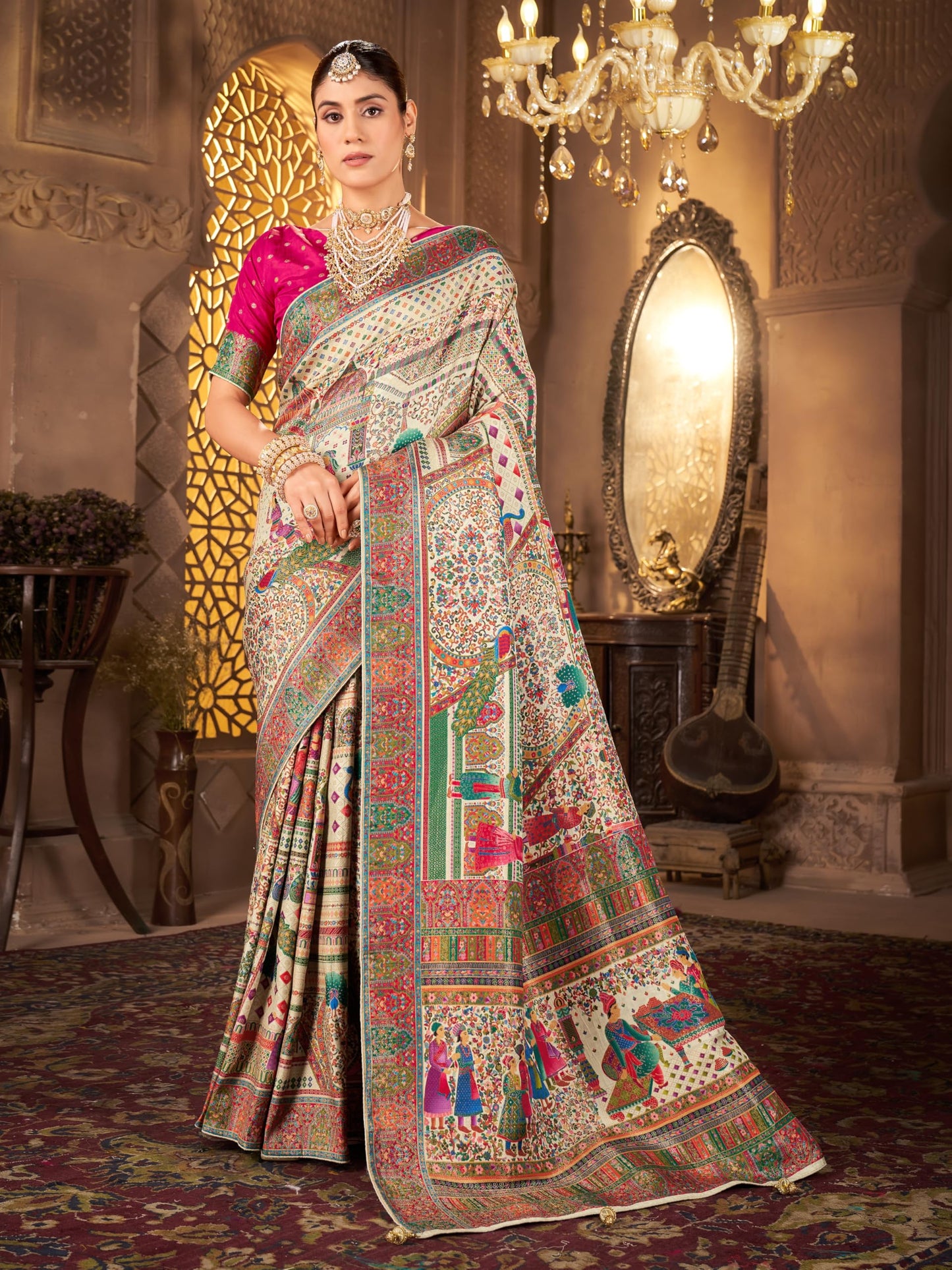 Glory Sarees WomenS Luxurious Dola Pure Silk Original Saree Position Print Work Madhubani Inspired Motifs Banarasi Kanjivaram St