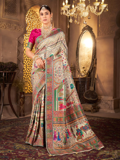 Glory Sarees WomenS Luxurious Dola Pure Silk Original Saree Position Print Work Madhubani Inspired Motifs Banarasi Kanjivaram St