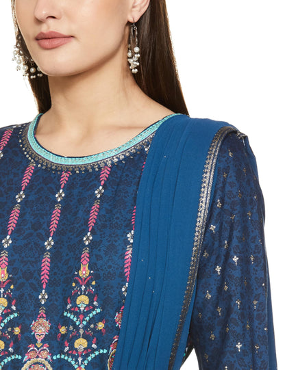 W For Woman Dark Blue Ethnic Motif Stylised Dress with Sequins