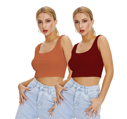 Shasmi Womens & Girls Solid Ribbed Square Neck Collarless Sleeveless Slim Fit Simplicity Tank Tops (Pack of 2) (TOP 36 Maroon