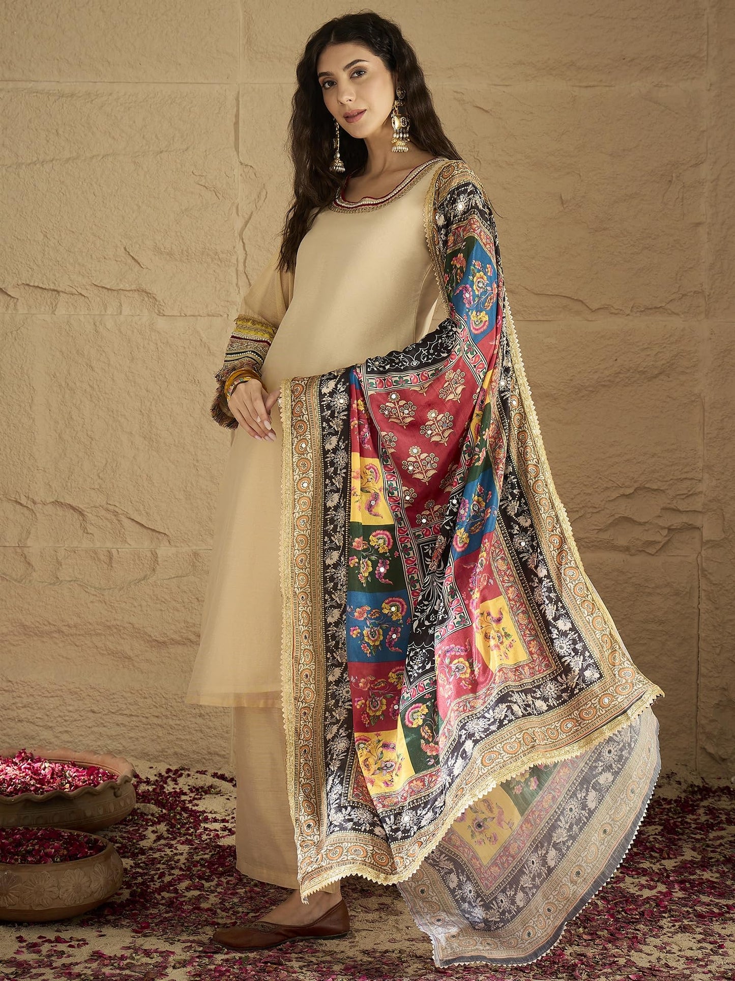 Varanga Women Elegant Beige Shimmer Kurta Set With Intricate Lace Detailing, Paired With Solid Trousers And Patola Printed Dupat