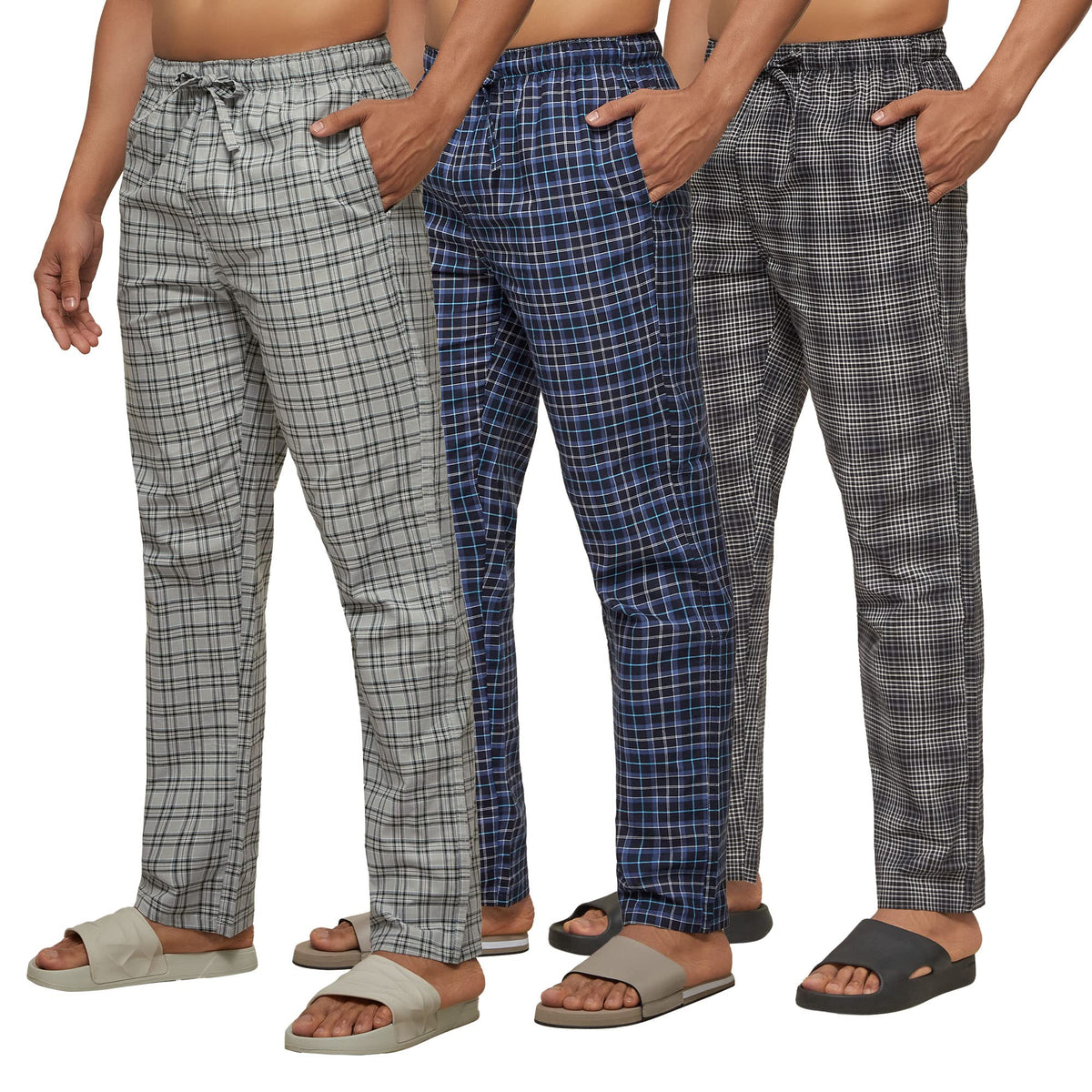 XYXX Mens Super Combed Cotton Checkered Checkmate Pyjamas [Pack of 3] Elasticated Waist, Drawstring | Loungewear for Men in Blu