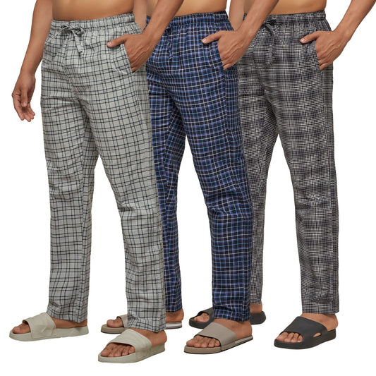 XYXX Mens Super Combed Cotton Checkered Checkmate Pyjamas [Pack of 3] Elasticated Waist, Drawstring | Loungewear for Men in Blu