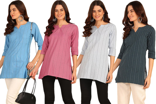 Dsk Studio WomenS Cotton Short Kurti With Notch Neck Line 3/4Th Sleeves Abstract Pattern Short Length And Regular Fit Pack Of 4
