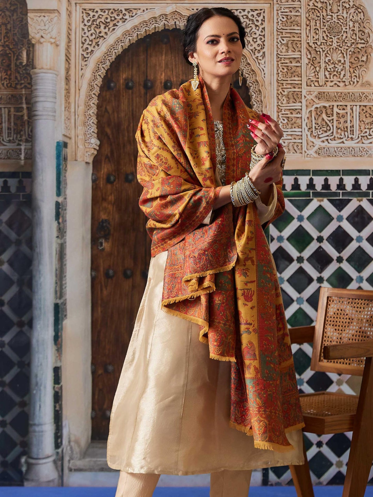 Pashmoda Women Gulbahar Kaani Wool Blend Kashmiri Shawl, Stole, Scarf, Luxury Pashmina Evening Wrap (Size: 101 X 203 CM)