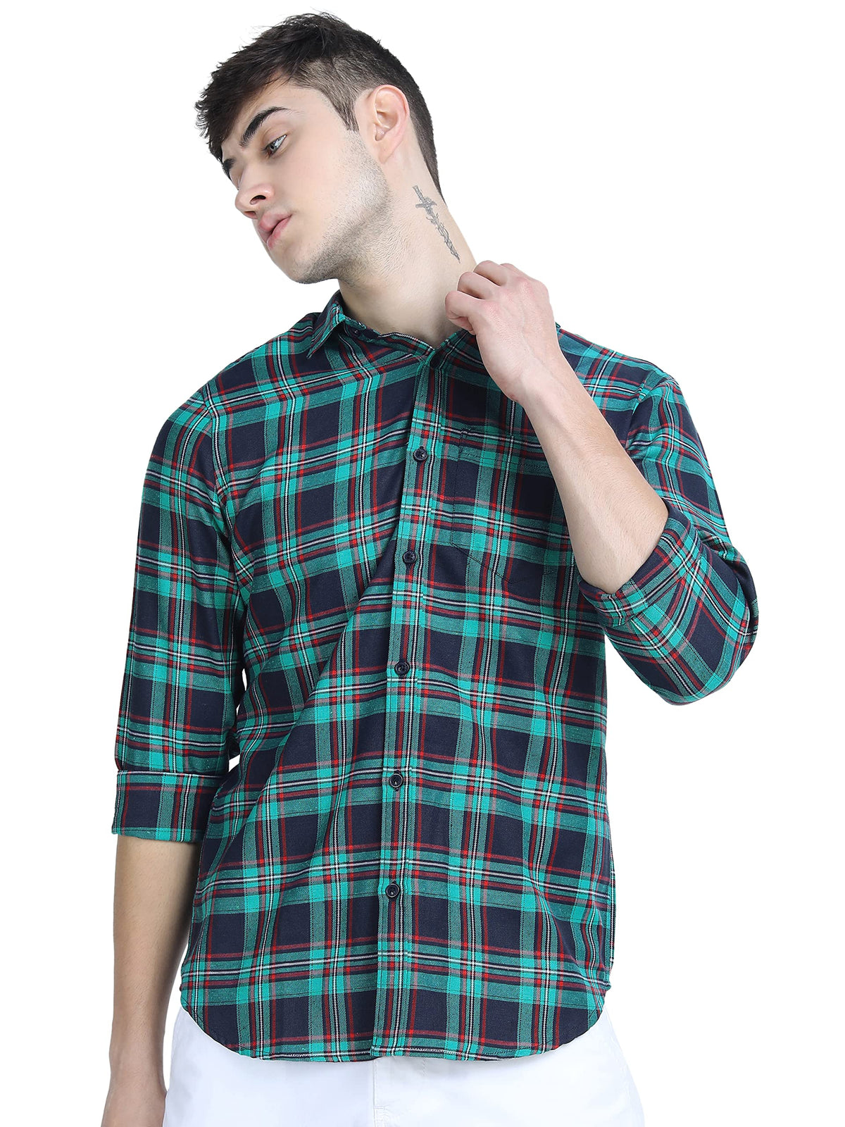Ketch Men Polycotton Slim Fit Shirt (Khsh000542_Navy/Green, X-Large)
