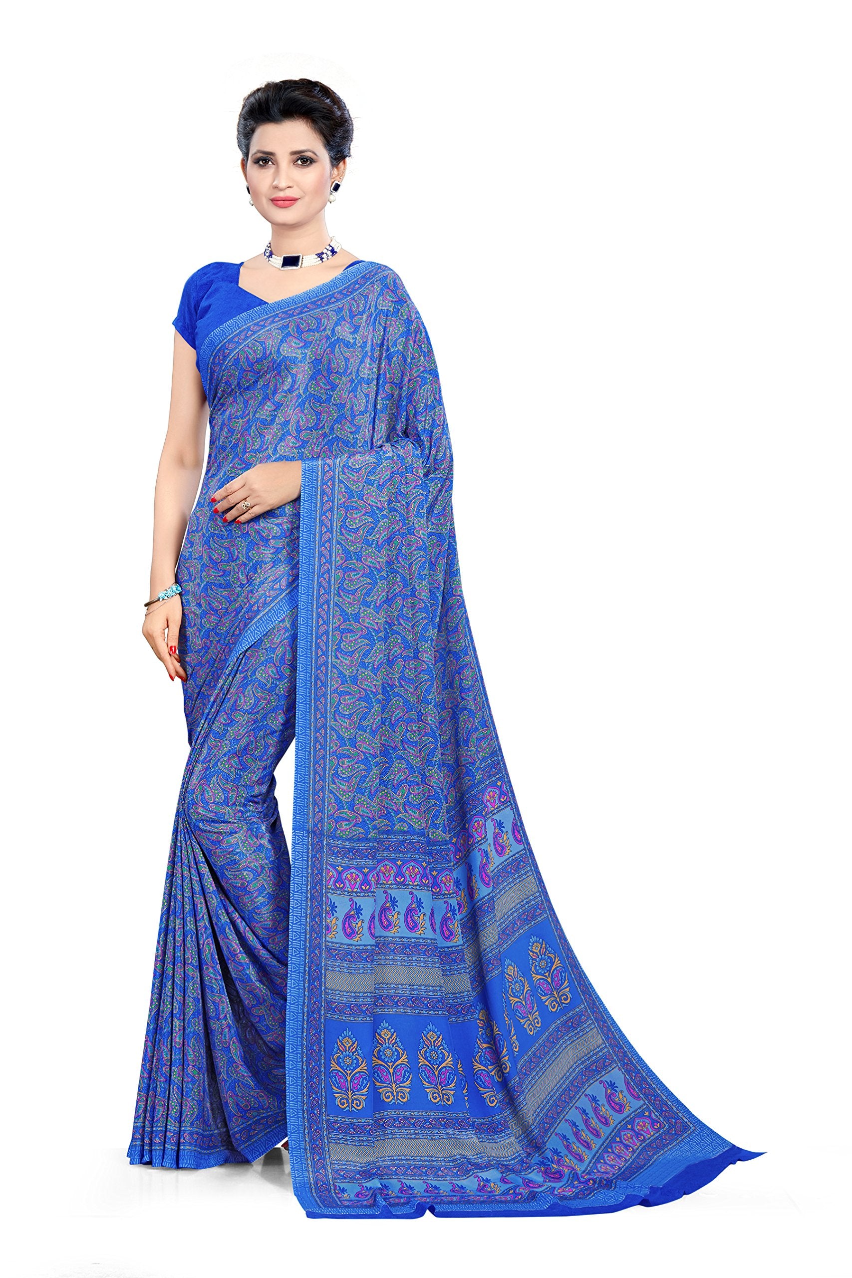 Vimla WomenS Multi Crepe Silk Uniform Saree With Blouse - Elegant Office Wear, Comfortable And Durable, Vibrant Colors, Easy Ma