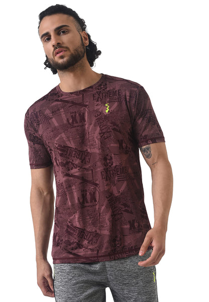 Campus Sutra Mens Maroon Dri-Fit Graphic Printed Half Sleeve Activewear T-Shirt Regular Fit for Casual Wear | Modern Clothing T