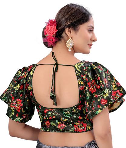 Pujia Mills WomenS Multicolor Butterfly Floral Print Pattern Ruffle Sleeve Readymade Saree Blouse