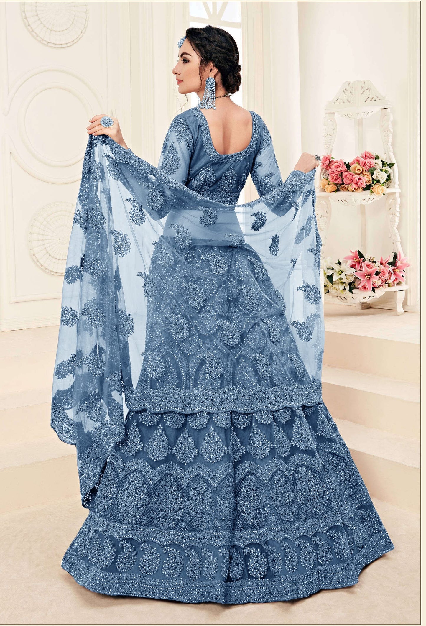 PATLANI Letest Design chain embroderied with Stone Work Woman s Flered Lehenga choli.Aqua Blue (Semi Stitched)