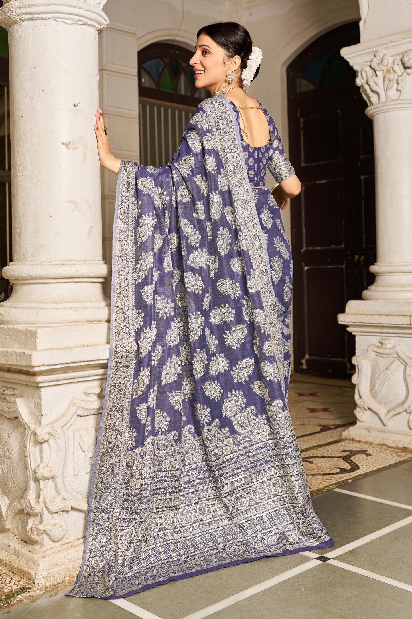 Madhuhansh WomenS Lucknowi Chikankari Linen Cotton Woven Sarees For Women With Blouse Piece - Ethnic Wear For Special Occasions